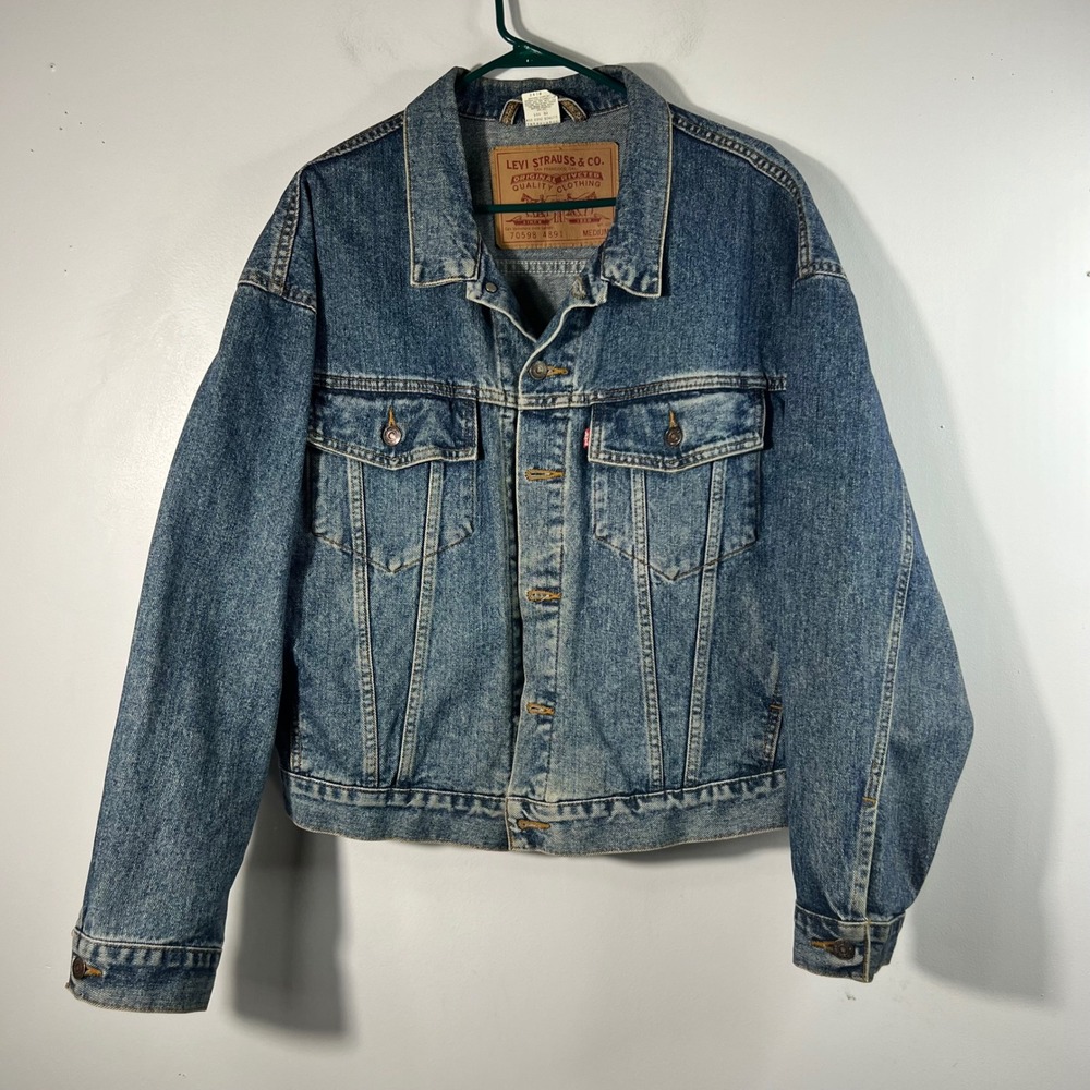 Mens Levis Vintage 1992‎ Denim Trucker Jacket Blue Cotton M Flaw